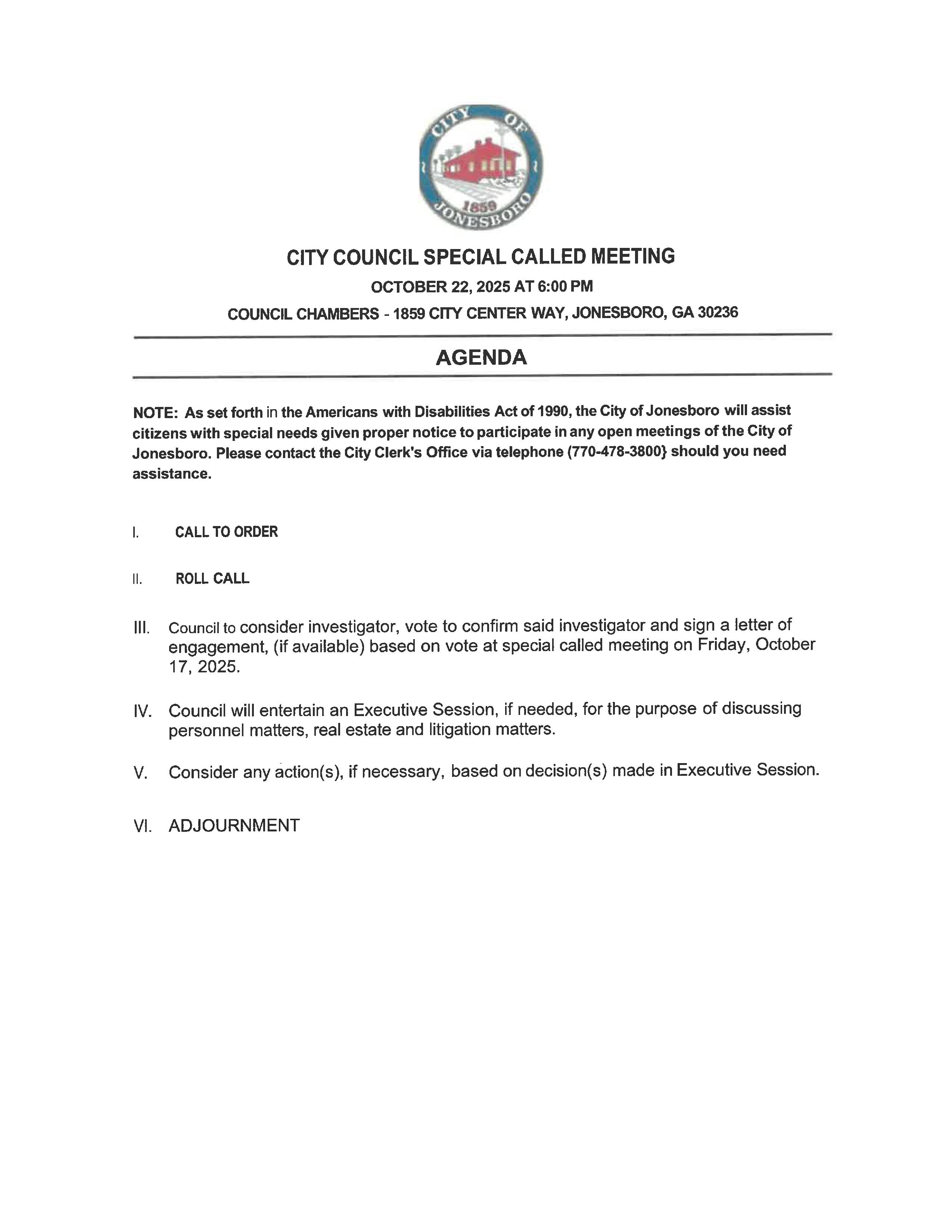 CITY COUNCIL SPECIAL CALLED MEETING 10-22-25 AGENDA